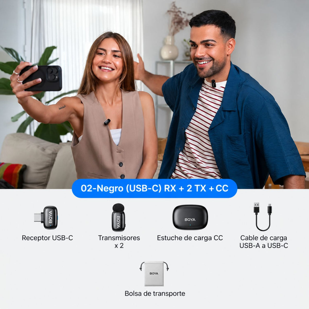 Micrófono Inalámbrico Doble BOYA Mini 2 USB-C para celular