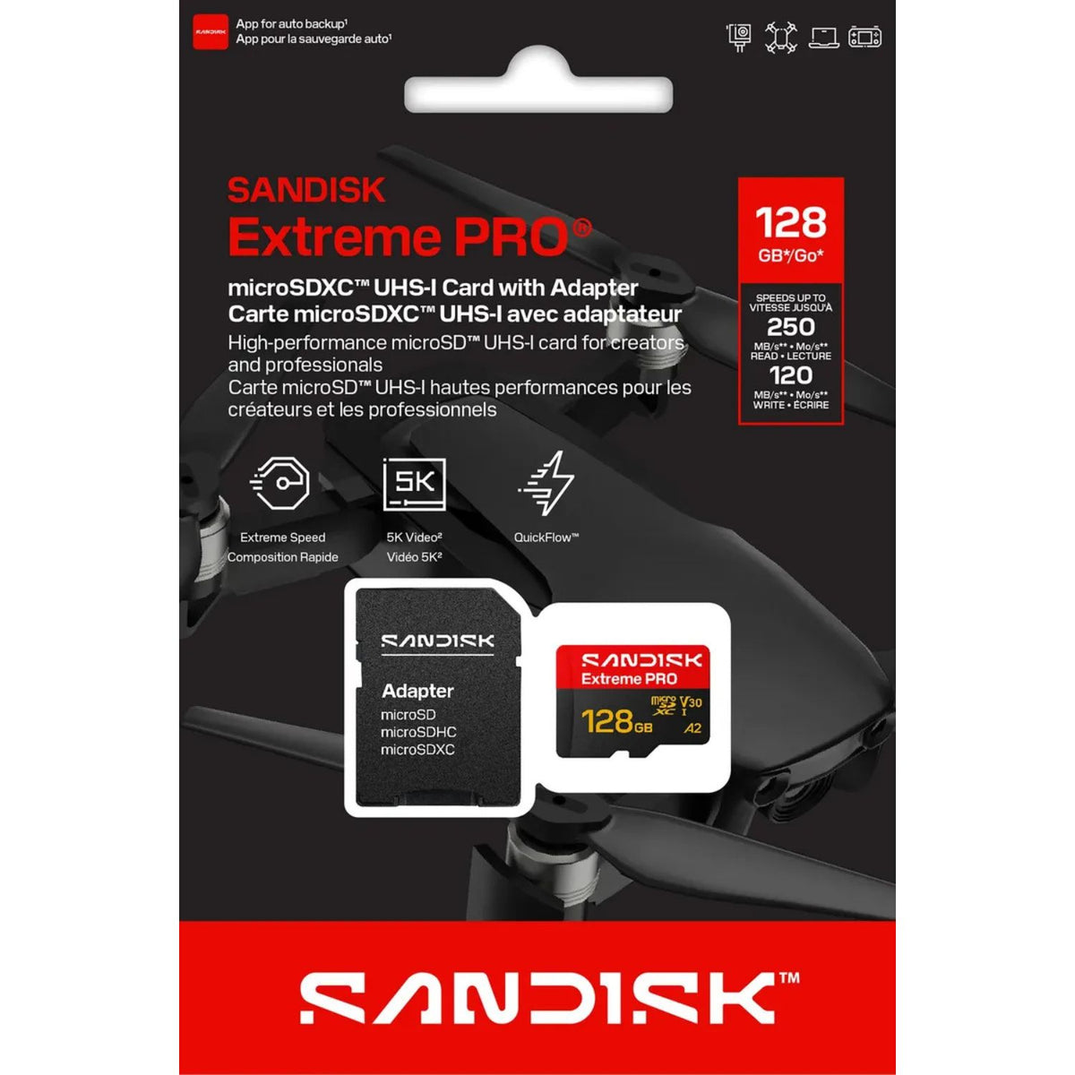 Memoria MicroSD SanDisk Extreme PRO 128GB V30 U3 UHS-I A2 R:250MB/s 4K con adaptador SD