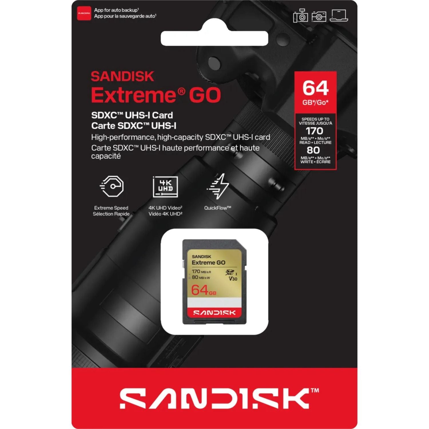 Memoria SD SanDisk Extreme GO 64GB V30 U3 UHS-I R:170MB/s 4K