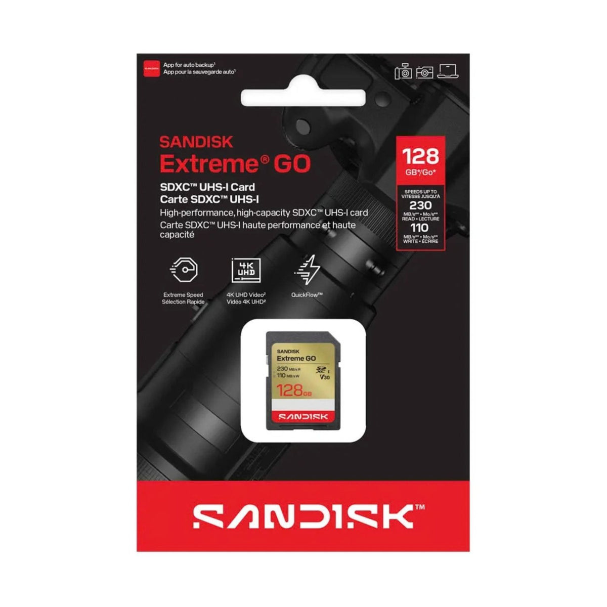 Memoria SD SanDisk Extreme GO 128GB V30 U3 UHS-I R:230MB/s 4K