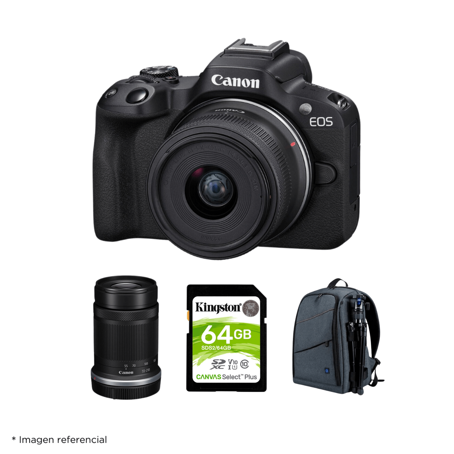 Cámara Mirrorless EOS R50 + Lente RF S 18-45mm/55-210mm + Kit Advance de Accesorios